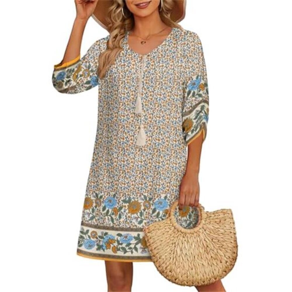 Women Apricot Floral Boho Dress V Neck 3/4 Sleeve Casual Tunic Dress
